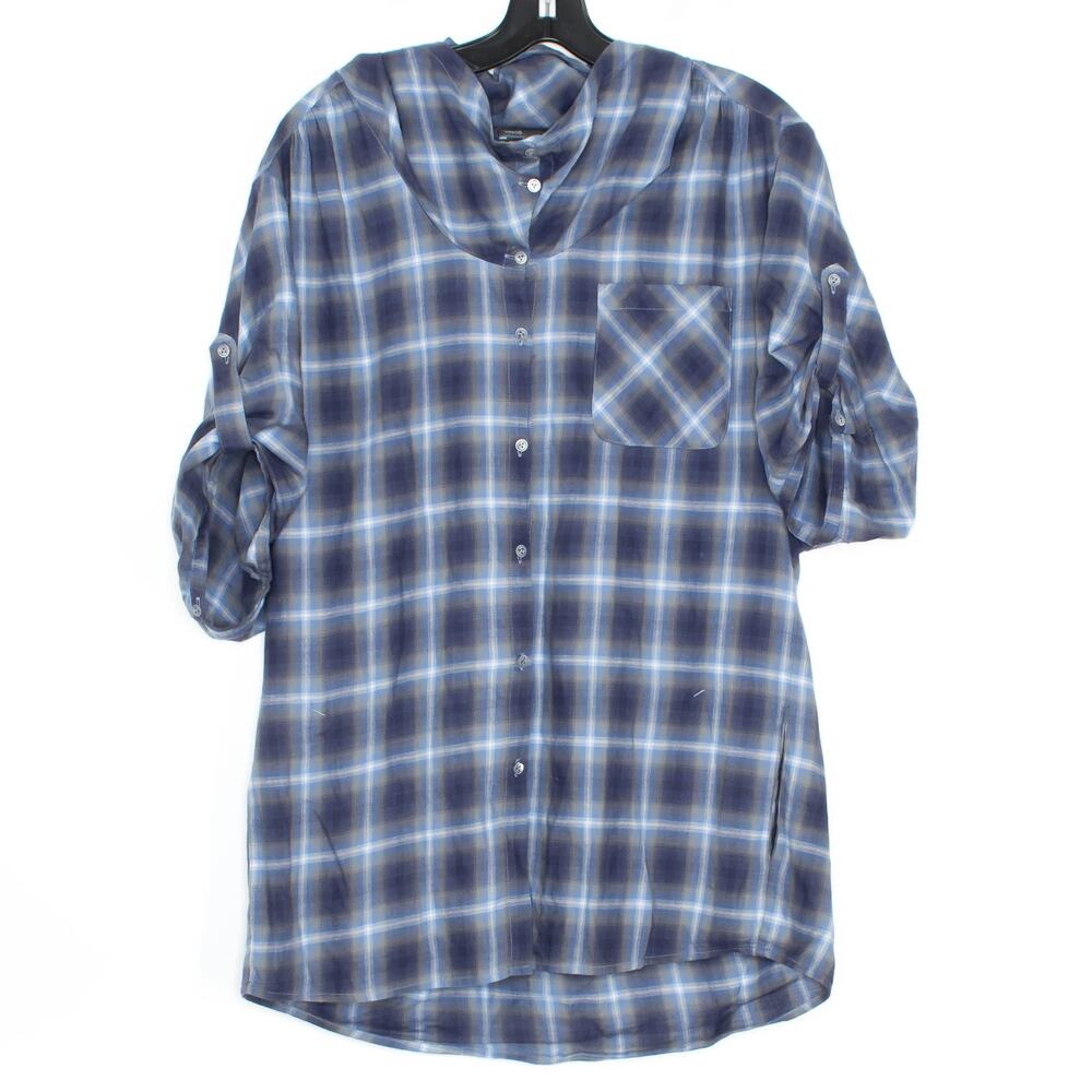 Vince Plaid Blue Button Up Cowl Neck Top M Lightweight Minimalist Coastal Preppy